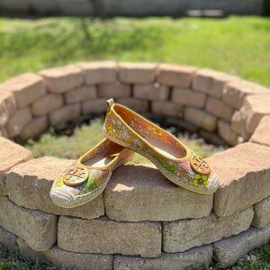 Tory Burch Minnie Espadrille Flats Floral Yellow Trim | Size 8.5